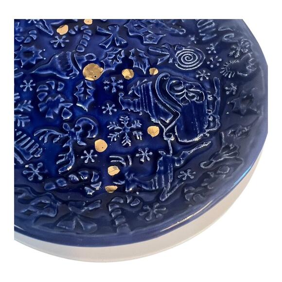 Snowflakes, Reindeer, Santa & Christmas Trees Pottery Ring Dish in Blue - Picture 4 of 7